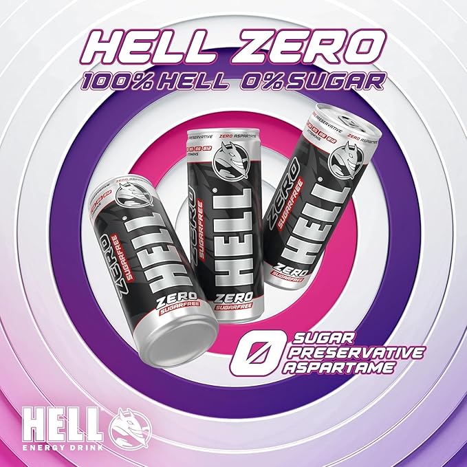 HELL ZERO Energy Drink | 32 mg/100 ml Caffeine | Vitamins B3 B5 B6 B12 | No Preservatives | Environmentally Friendly Packaging | 24 x 250ml | Compatible with HELL Energy