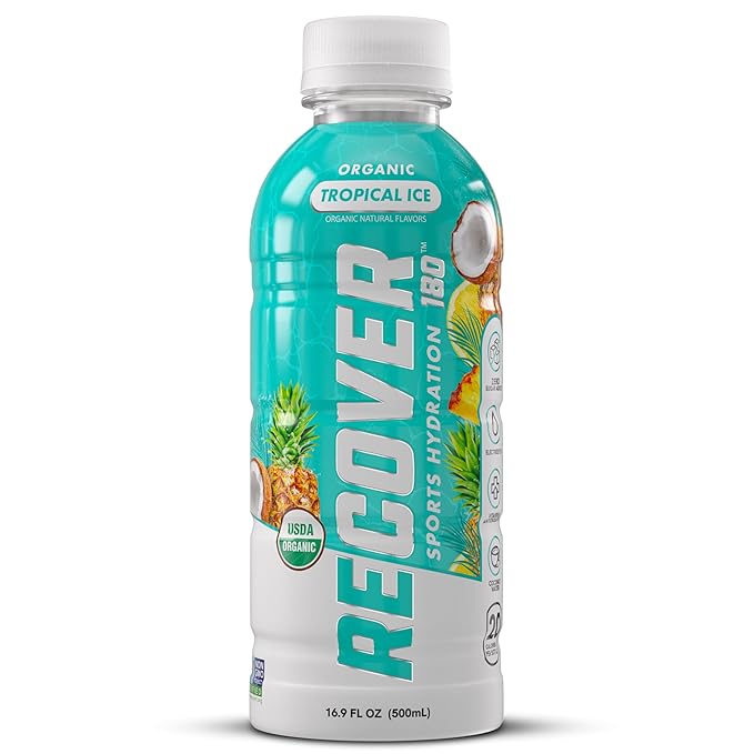 RECOVER 180 Organic Sports Hydration Drink No Sugar Added 20 Calorie Sports Beverage Organic Flavors With Vitamins Potassium-Packed Electrolytes (16.9 Fl Oz (Pack of 12) Tropical Ice)