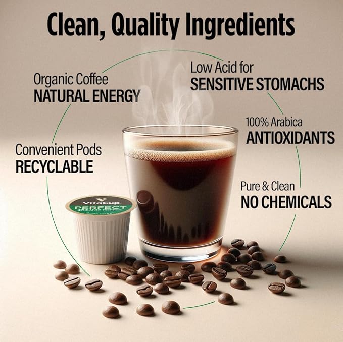 VitaCup Perfect Low Acid Coffee Pods USDA Organic &amp Fair Trade Mycotoxin Free Dark Roast Guatemala Single Origin Clean &amp Pure Single Serve Pod compatible w/Keurig K-Cup Brewers16 CT