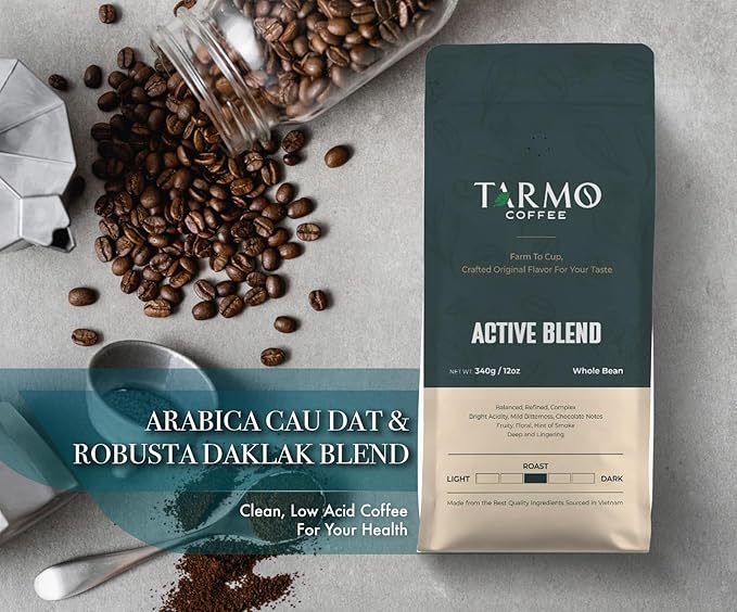 TARMO - ACTIVE BLEND | Low Acid ARABICA &amp ROBUSTA BLEND Whole Bean Coffee | Specialty Vietnamese Coffee | Single Origin Medium Roast | Premium Espresso Beans 35.5 Oz Bag