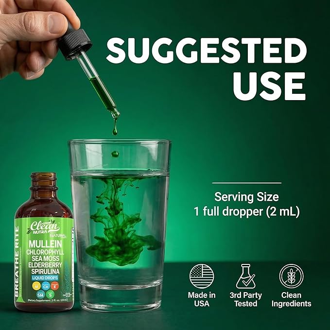 Clean Nutra Mullein Drops for Lungs Organic Chlorophyll Liquid Irish Sea Moss Spirulina Licorice Tart Cherry Lobelia Motherwort &amp Elderberry Mullein Leaf Extract Tincture Men Women Supplement
