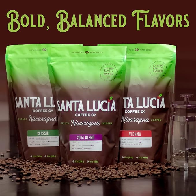 Santa Lucia Coffee - Specialty Nicaraguan Coffee Sampler Pack - Light Medium &amp Dark Roast - Low Acid 91 Point SHG Small Batch Roasted 100% Single-Origin Ground Coffee 3 Bags (12oz Each)