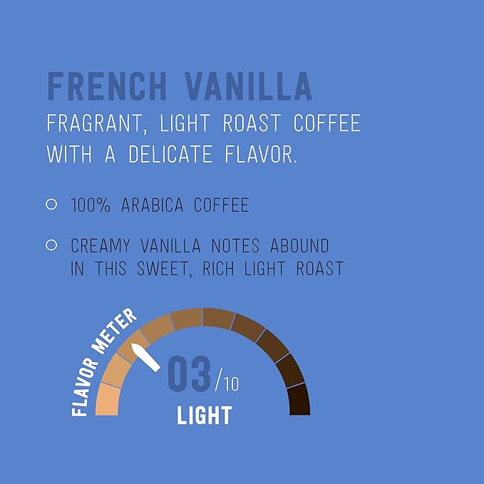 Amazon Brand - Happy Belly Light Roast Coffee Pods French Vanilla Flavored Compatible with Keurig 2.0 K-Cup Brewers 100 Count