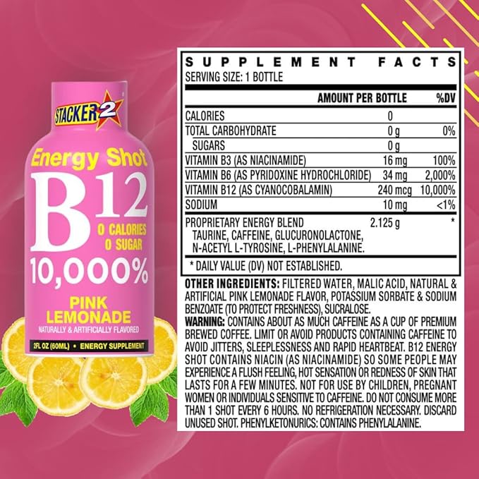 Stacker 2 Pink Lemonade B12 Energy Shot 2oz (Pack of 24)