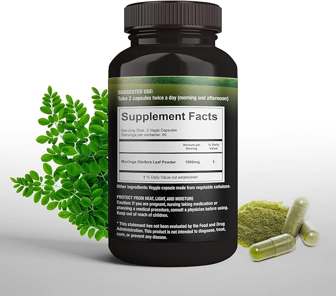 100% Raw and Pure Moringa Leaf Powder Capsules. Organic Certified Moringa Leaf. Natural Superfood with Essential Amino Acids Antioxidants and Omega 3 500mg 120 Capsules.