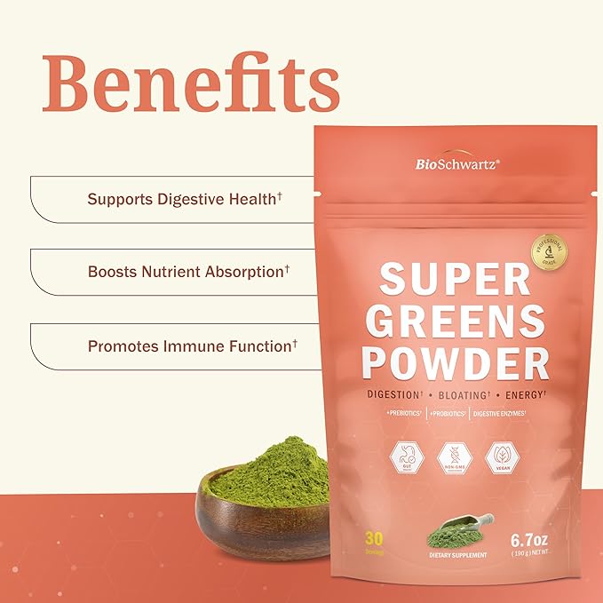 Super Greens Powder Superfood - Greens Powder with Probiotics Prebiotics Digestive Enzymes and 43 Green Superfoods - Chlorophyll Bilberry Chlorella Spirulina Grass - Tastes Amazing - 30 Servings
