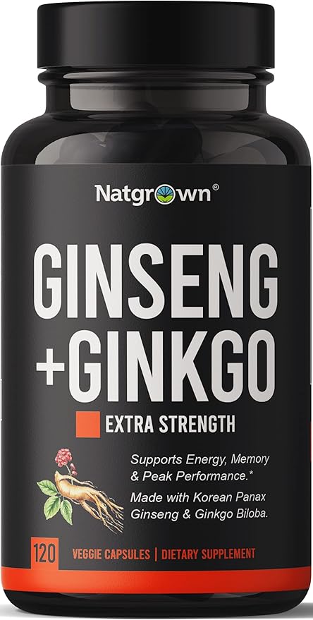 Natgrown Panax Ginseng &amp Ginkgo Biloba Supplement - Red Korean Ginseng &amp Ginko Biloba Capsules for Men &amp Women - Supports Memory Focus &amp Brain Function - Vegan Pills - 120 Count