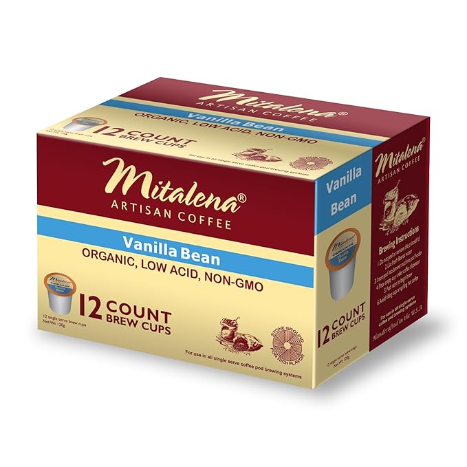 Mitalena Artisan Vanilla Bean Low Acid Coffee Pods for Keurig - Medium Roast K Cups for Acid Reflux Prevention - 72 Count Organic Coffee with Vanilla Flavor