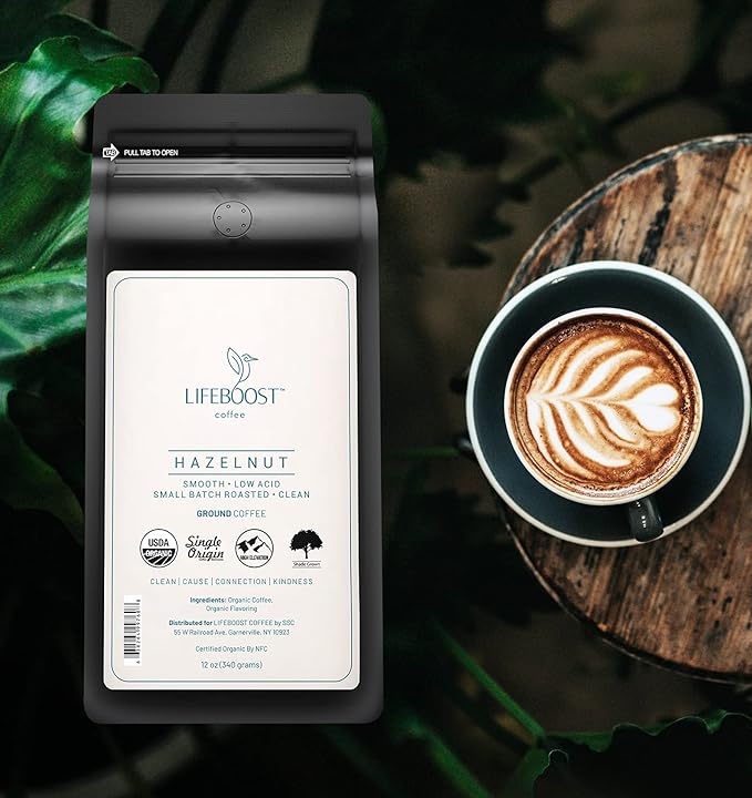 Lifeboost Hazelnut Ground Coffee – Organic Low Acid Non-GMO Hazelnut Flavored Coffee – Single Origin Mold-Free Mycotoxin Tested Coffee 12 oz