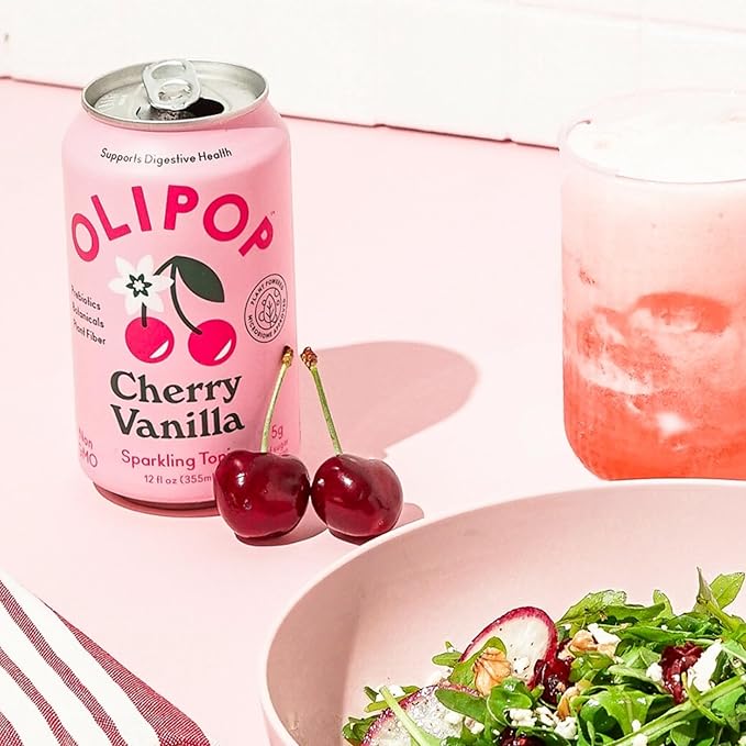 OLIPOP Prebiotic Soda Pop Cherry Vanilla A New Kind of Soda Packed with Prebiotics Fiber and Botanicals Gluten Free GMO Free 12oz (12-Cans)