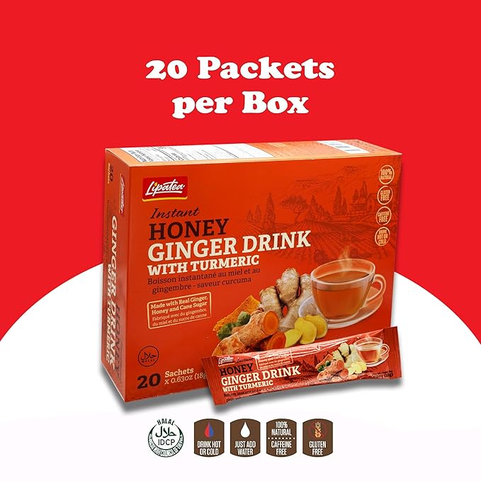 Lipatea Instant Honey Ginger Drink with Turmeric Caffeine-Free Gluten-Free Halal (Pack of 2)