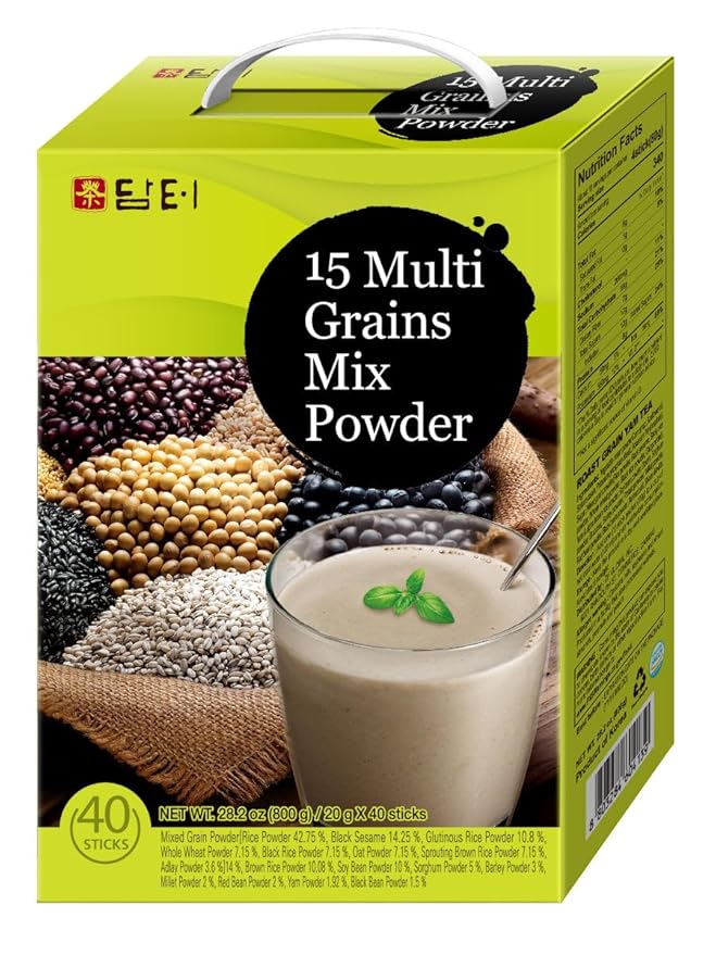 Damtuh Korean Grain Drink Mix Bundle – 15-Grain Misugaru Powder + Walnut Almond Adlay Tea (Job’s Tears/Yulmu) Powder Latte-Style Drink Caffeine-Free 18g x 50 / 20g x 40 Stick Packs