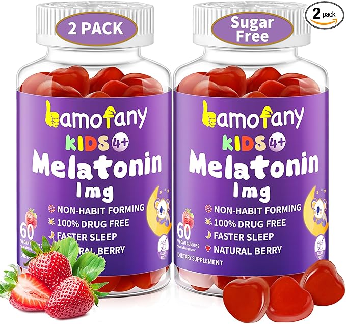 Kids Melatonin 1mg Gummies Twin Pack (120 Count) 2x60 Strawberry Gummies Safe Sleep Support for Ages 4+ with L-Theanine Vegan Sugar Free