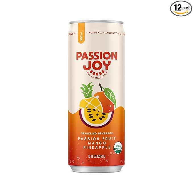 Passion Joy Organic Soda – Passion Fruit Mango &amp Pineapple 12 oz Slim Cans (Pack of 12)