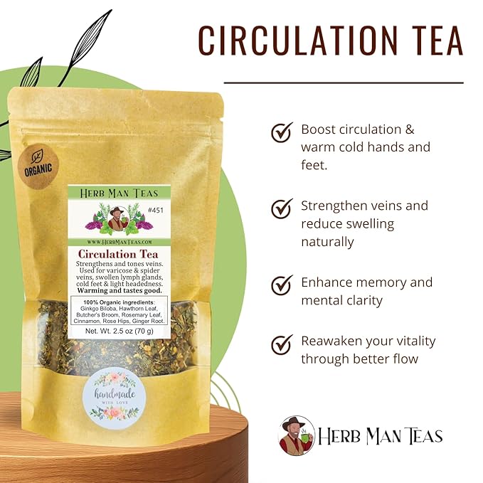 CIRCULATION TEA – Helps strengthen and tone veins supports warmth in the extremities helps reduce excess fluid in the legs – formulated by master herbalist Khabir – 100% Organic Non-GMO