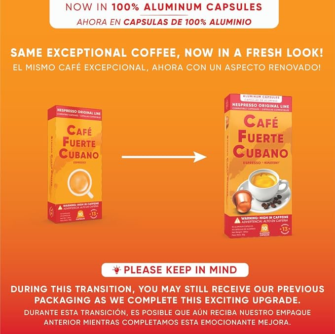Café Fuerte Cubano Aluminum Espresso Capsules Compatible with Nespresso Original Machines Dark Roast Intensity 13 High Caffeine Recyclable Coffee Pods Roasted and Packaged in USA (80 Count)