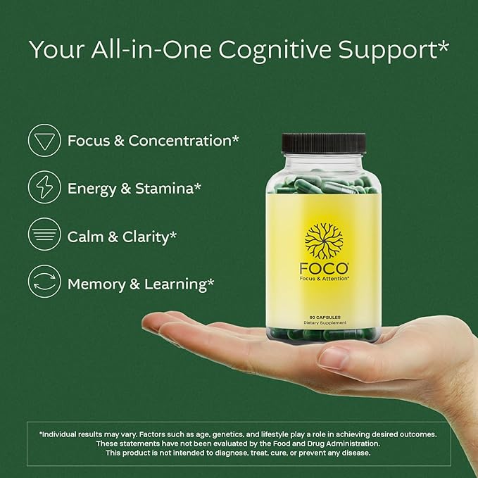 Think FOCO Capsules (13+) Natural Focus Supplement for Teens &amp Adults - Brain Nootropic for Concentration Memory Mental Clarity Cognitive Enhancement Vitamins - Attention Supplements - 60 Capsu