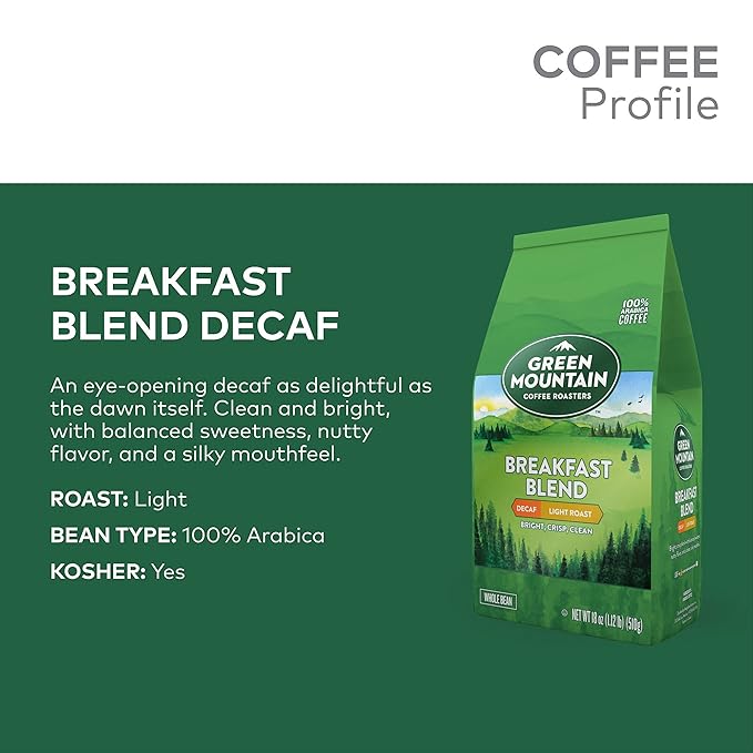 Green Mountain Coffee Roasters Breakfast Blend Decaf Whole Bean Coffee Light Roast Bagged 18 oz (Pack of 3)