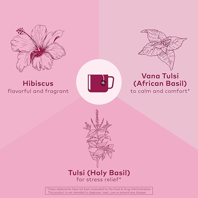 Organic India Tulsi Hibiscus Tea Bags - Holy Basil Herbal Tea Stress Relieving Immune Support USDA Organic Calming Caffeine Free- 18 Bags 6 Pack