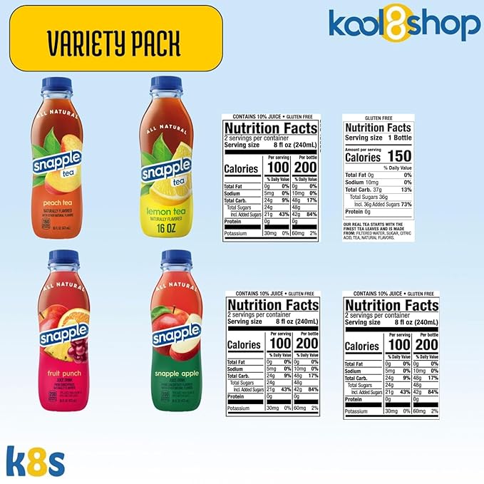 Snapple Variety Pack All Natural Fruit Juice 16 fl oz Plastic Bottle 16 Pack + 15 Sugarcane Disposable Straws by KOOL8SHOP Infinite Deals