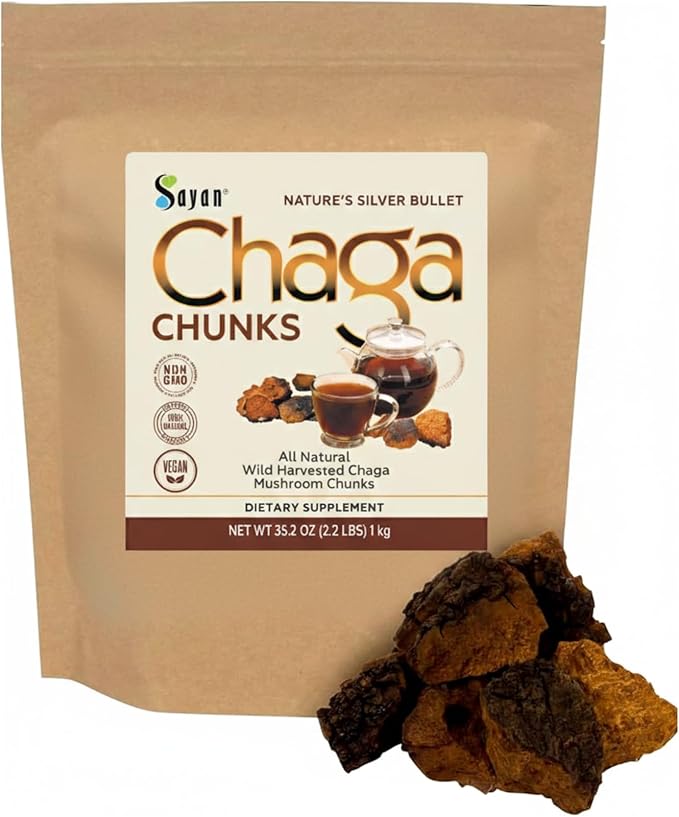 Sayan Siberian Pure Raw Chaga Mushroom Chunks with Black Top Crust 35.2 Oz/ 2.2 lb – Premium Wild-Harvested Antioxidant Tea for Immune Support Focus and Digestive Health - Non-GMO