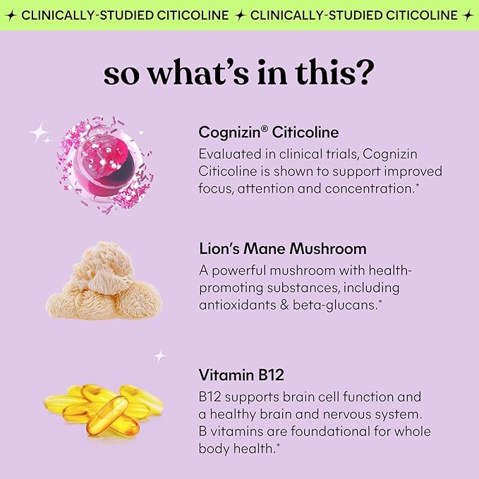 Lemme Focus Concentration &amp Brain Health Gummies with Cognizin Citicoline Lion's Mane Mushroom Vitamin B12 to Support Focus + Concentration - Gluten Free Caffeine Free Strawberry (50 Count)