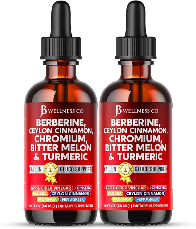 Berberine with Ceylon Cinnamon Supplement Liquid Drops + Bitter Melon Extract Glucomannan Gymnema Chromium Turmeric Panax Ginseng Moringa- 4 OZ