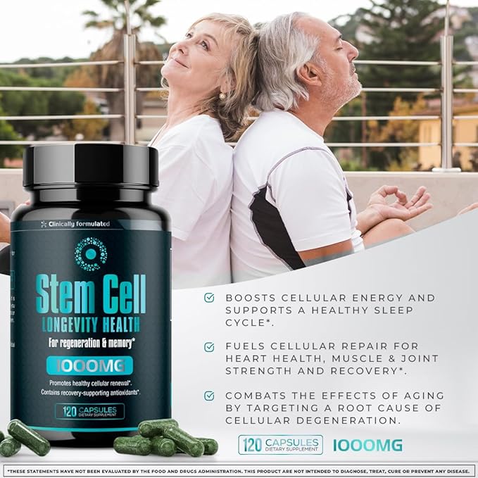 Premium Stem Cell Supplements 1000mg (360 Caps) Boost Immunity Reduce Joint Soreness Support Natural Anti-Aging &amp Longevity with Spirulina &amp Chlorella for Vitality Celulas Madre Health For