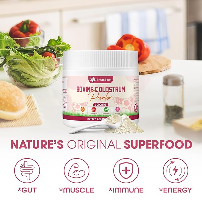 BloomBoost Bovine Colostrum Supplement 3000mg per Serving 200 Grams Gut Health Brain &amp Immune HealthMuscle Recovery &amp Wellness Grass-Fed Colostrum Powder Non-GMO All-Natural