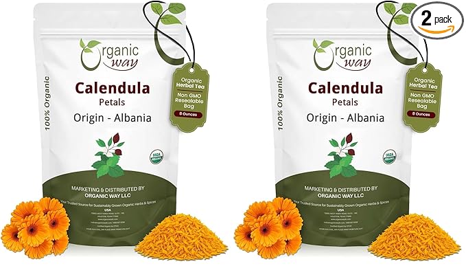 Organic Way Dried Calendula Petals | Herbal Tea (Calendula Officinalis) - European Wild-Harvest | Organic &amp Kosher Certified | USDA Certified | Origin - Albania (1/2LBS / 8Oz) (Pack of 2)