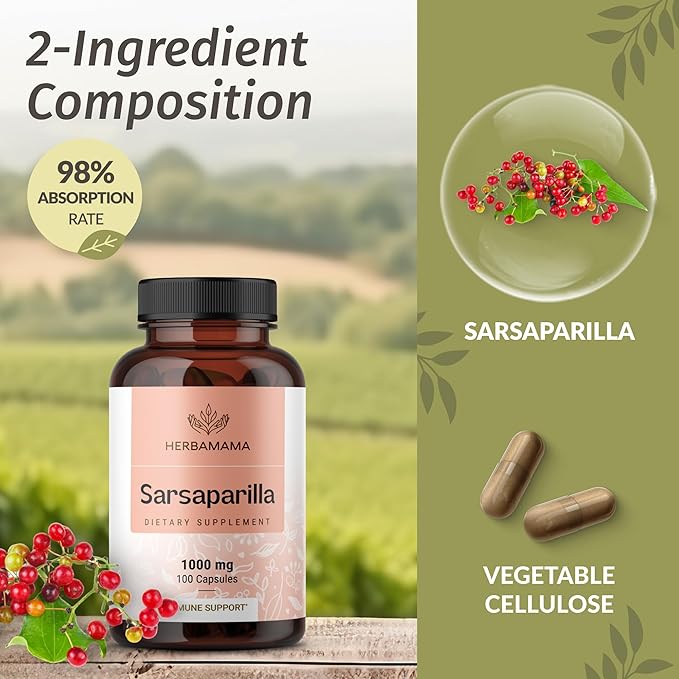 HERBAMAMA Sarsaparilla Root Capsules - 1000mg Sarsaparilla Powder for Herbal Liver Cleanse Support - Vegan Non-GMO Smilax Liver Supplement