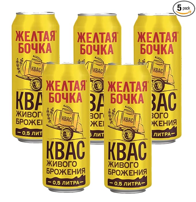 Imported Russian Rye Bread Soft Drink Kvass Golden Barrel 0.5l/16.9oz - Pack of 5 - Zheltaya Bochka