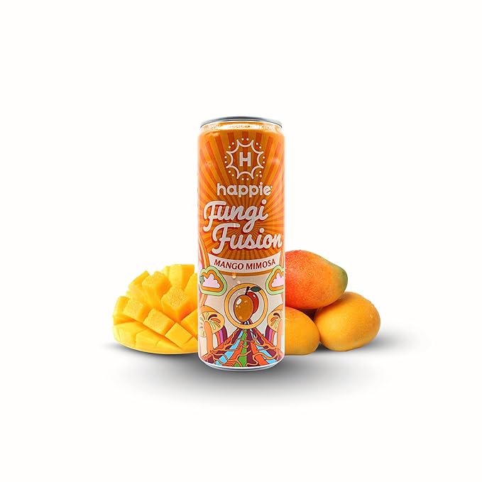 Happie Fungi Fusion Mango – Sparkling Adaptogen Drink with Lion’s Mane Cordyceps &amp Red Reishi – Plant-Based Nootropic 40 Calorie Zero Sugar Added Vegan Functional Soda Alternative (12 pack)
