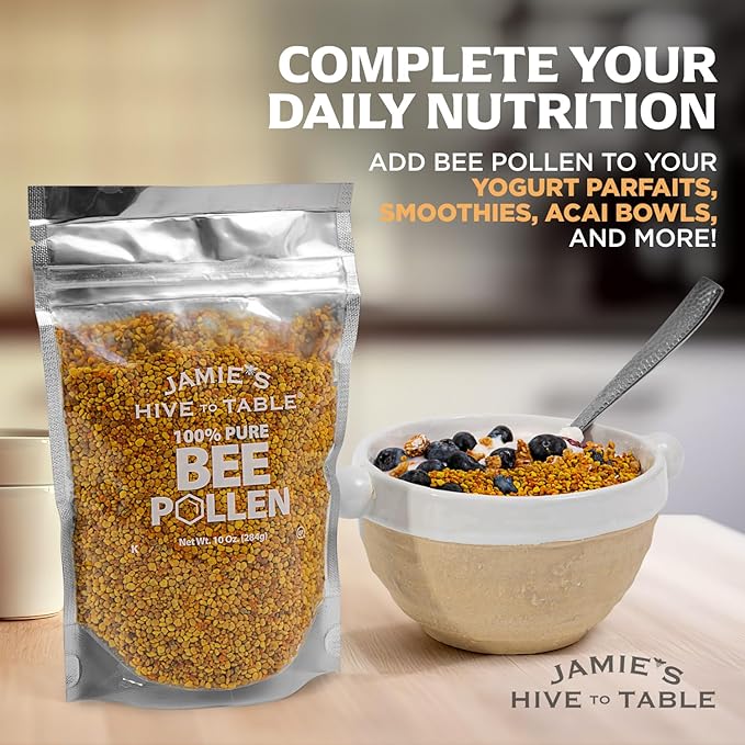 Jamie’s Hive to Table Raw Bee Pollen 10 oz – 100% Pure Bee Pollen – Harvested from Flowers Naturally Dried for Freshness – Great for Smoothies Oatmeal &amp Recipes