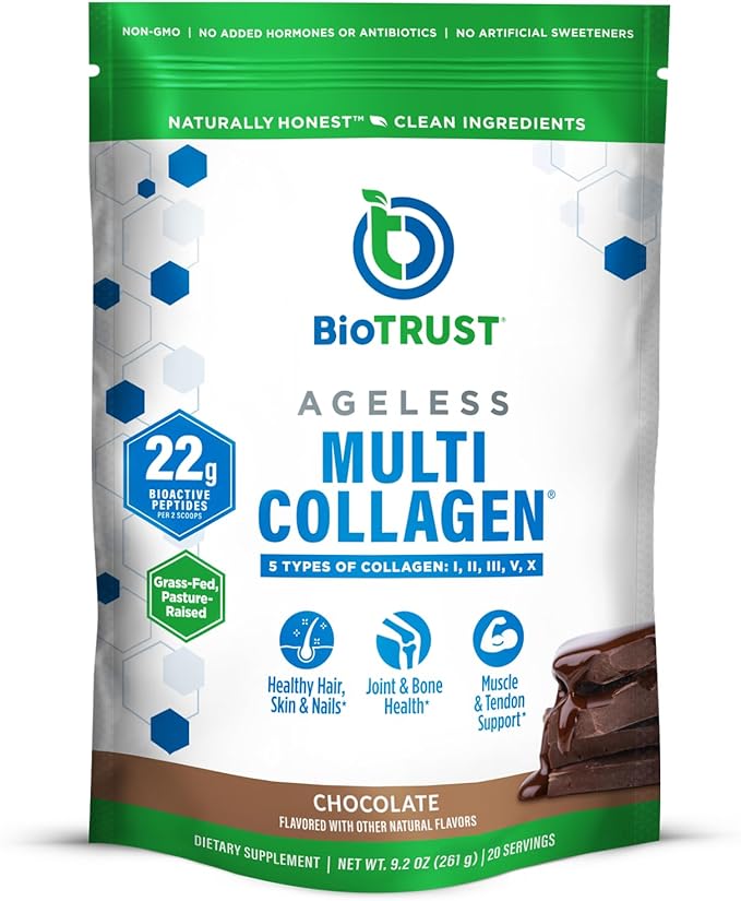 BioTrust Ageless Multi Collagen Peptides Powder – 5 Types (I II III V X) – Chocolate Collagen Powder for Women &amp Men – Hydrolyzed Protein – Grass Fed Beef Fish Chicken Eggshell Membrane