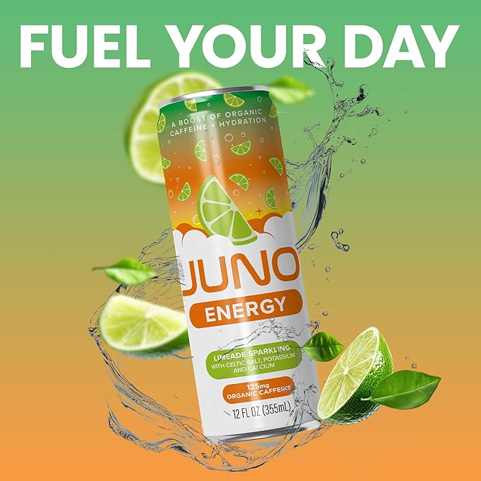 JUNO ENERGY Limeade Sparkling Energy Drink - Sugar Free Electrolytes Energizing and Hydrating with 125mg Organic Caffeine from Green Coffee Beans Stevia Lime Juice &amp Electrolytes - Vegan Glute