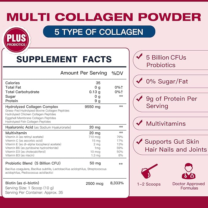DRFOSTER Multi Collagen Peptides Powder with Probiotics - Type I II III V X Hydrolyzed Collagen Peptides with Multivitamins Hyaluronic Acid &amp Biotin - Support Skin Hair Nail Joints &amp Gut 35