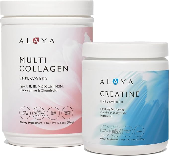 Alaya Multi Collagen Powder (40 Servings) &amp Micronized Creatine Monohydrate (5 g) Bundle – Unflavored Non-GMO Supplements for Muscle Energy Skin Hair &amp Joint Support