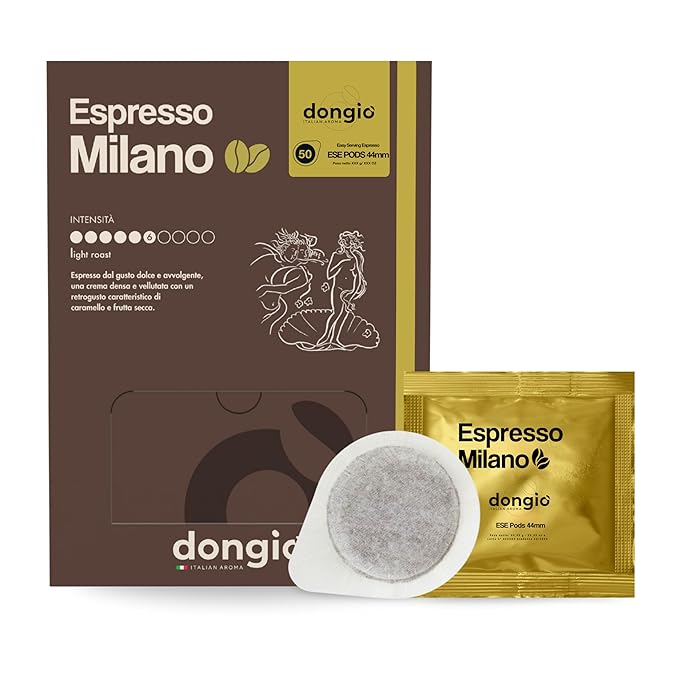 Dongiò Caffè Espresso Milano - 50 Easy Serving Espresso Pods (ESE 44mm) – Med-Light Roast Coffee (Intensity 6/10) - Roasted and Blended in Italy