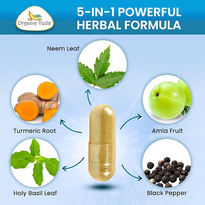 Organic Veda Neem Turmeric Capsules - 5 in 1 Herbal Complex with Amla Fruit Holy Basil Black Pepper - Immune Cleanse Skin &amp Gut Health Supplement with Vitamin C &amp Antioxidants 120 Vegan Ca
