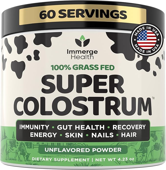 Immerge Health Super Colostrum Powder (60 Servings) – Premium Bovine Colostrum Supplement for Gut Health Bloating &amp Immune Support – High IgG 100% Grass Fed First Milking Unflavored Made in US