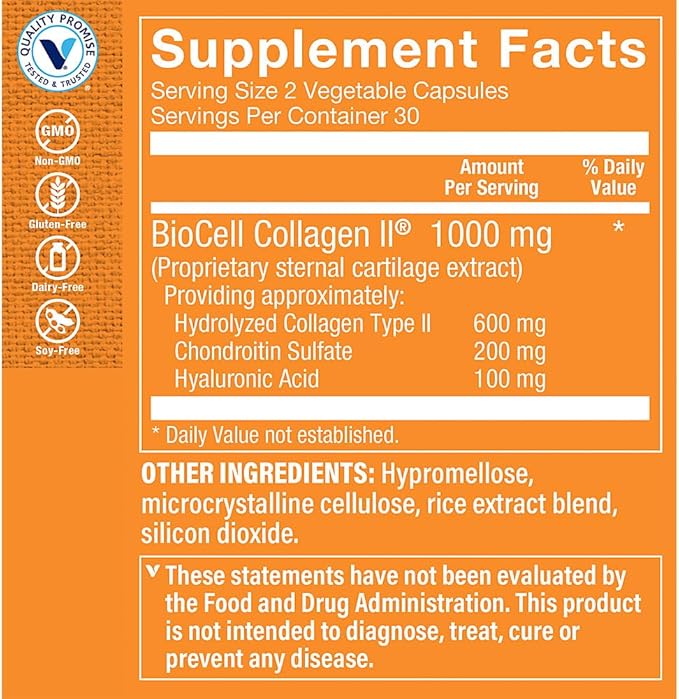 The Vitamin Shoppe Collagen Type II 1000MG - Joint Health Cartilage Support &amp Flexibility with Hyaluronic Acid (60 Vegetable Capsules)