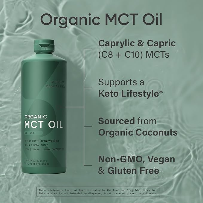 Sports Research® Supplements Pack - Organic MCT Oil C8 C10 32 oz + Hydrolyzed Type 1 &amp 3 Collagen Powder Protein 16 oz + Creatine Monohydrate 17.46 oz