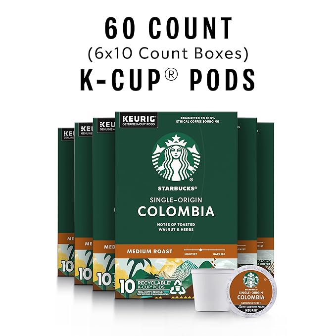 Starbucks K-Cup Coffee Pods Medium Roast Coffee Colombia 100% Arabica 6 boxes (60 pods total)
