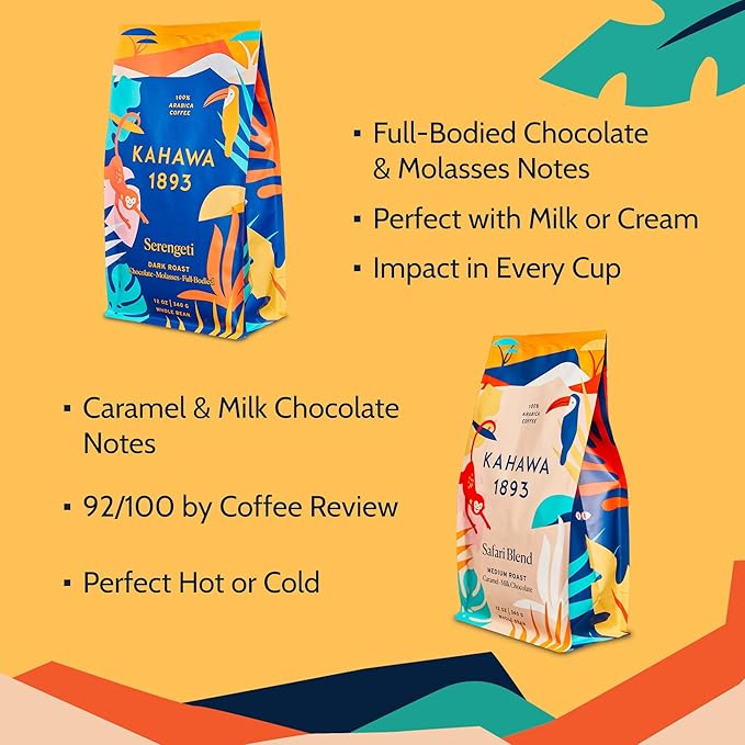 Kahawa 1893 Whole Bean Coffee Combo Pack Kenyan Ethiopian Safari &amp Serengeti Blend (12 Oz) - As Seen on Shark Tank Naturally Sweet Organically Grown Ethically &amp Sustainably Sourced
