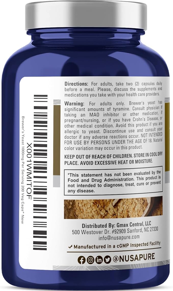 NusaPure Brewer’s Yeast - Suitable for Vegetarian/Vegan Non - GMO - 1000mg 200 Capsules