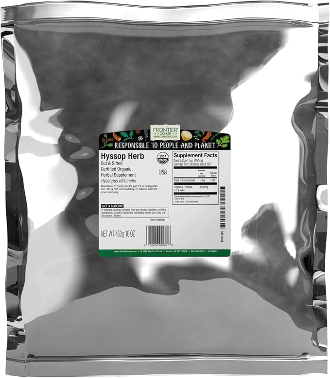 Frontier Co-op Organic Hyssop Herb 1lb Bulk Bag Cut and Sifted | 100% Natural Dried Leaves | Ideal for Hyssop Tea Soup Salads and More Kosher