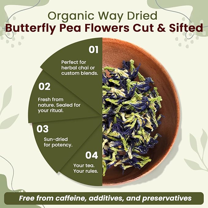 Organic Way Dried Blue Butterfly Pea Flowers (Whole) Herbal Tea | Organic Vegan Non GMO &amp Gluten Free | USDA Certified | 100% Raw from Sri Lanka 16 Oz (Pack of 1)