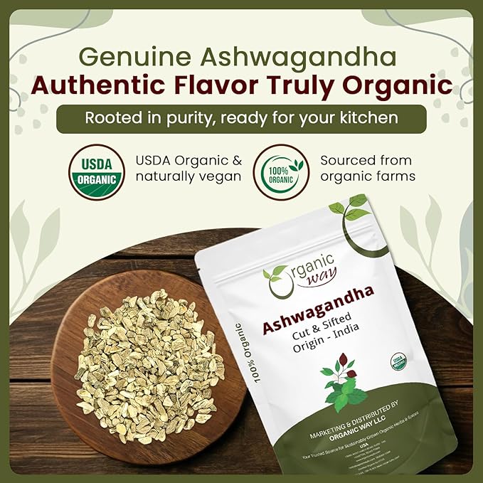 Organic Way Ashwagandha Root Cut &amp Sifted (Withania somnifera) - Organic &amp Kosher Certified | Vegan Non GMO &amp Gluten Free | USDA Certified | Origin - India (1LBS / 16Oz.)