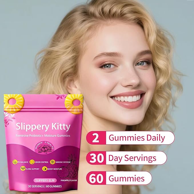 Slippery Kitty Gummies Feminine Probiotic + Moisture GummiesSupports Digestive Health Slippery Elm for Women - All in One Solution with Slippery Elm 60 Count Pineapple Flavor